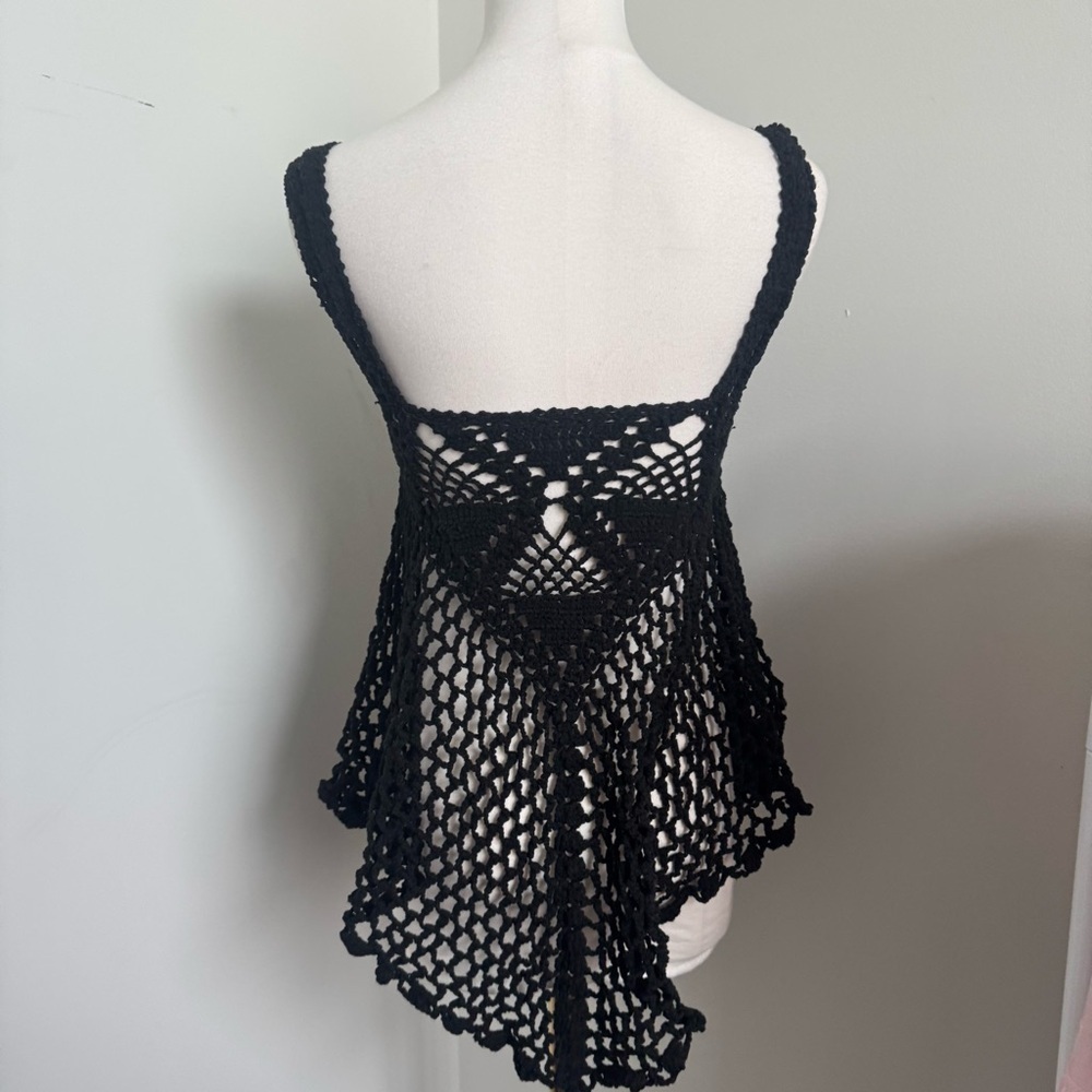 Crochet Whimsigoth Lace Tank Top – Black Hand-Knit Boho Mesh Fairycore S/M - Picture 4 of 4